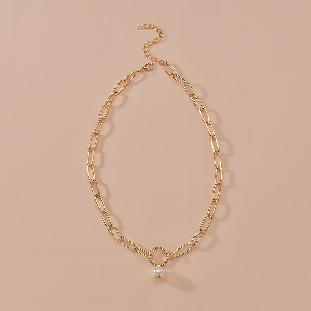 Hoop And Pearl Pendant Metal Clavicle Chain Necklace - XY2068 - electronic accessories