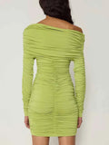 Inclined Shoulder Long Sleeve Mini Dress For Women