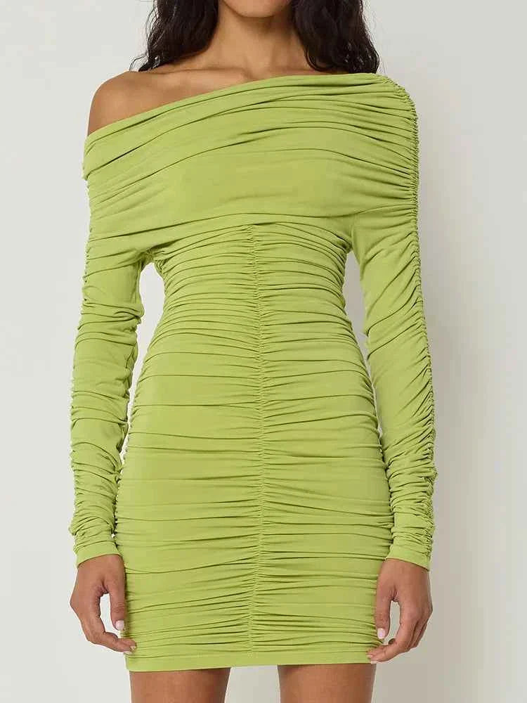 Inclined Shoulder Long Sleeve Mini Dress For Women