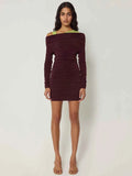 Inclined Shoulder Long Sleeve Mini Dress For Women