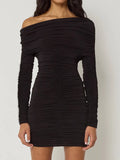 Inclined Shoulder Long Sleeve Mini Dress For Women - black / S