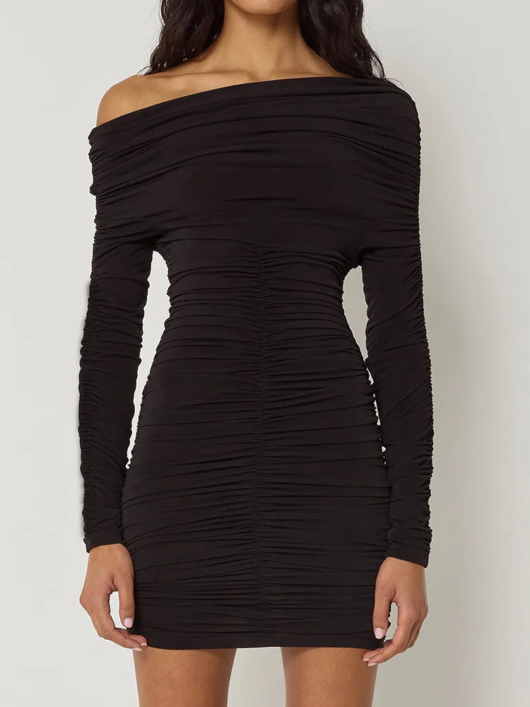 Inclined Shoulder Long Sleeve Mini Dress For Women - black / S