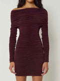 Inclined Shoulder Long Sleeve Mini Dress For Women