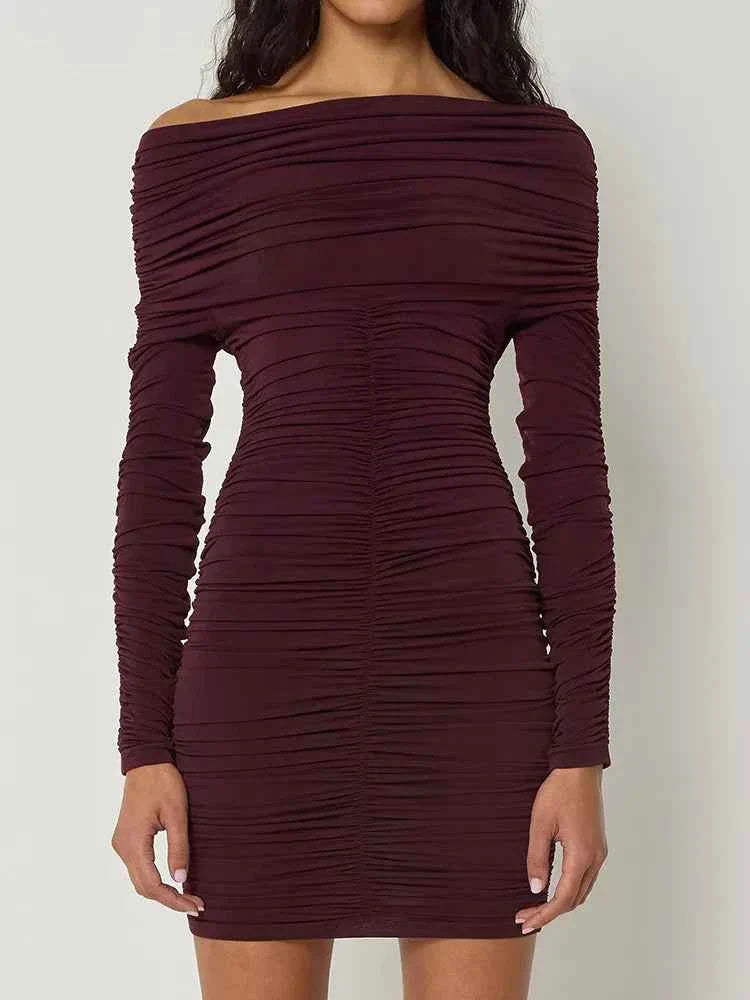 Inclined Shoulder Long Sleeve Mini Dress For Women