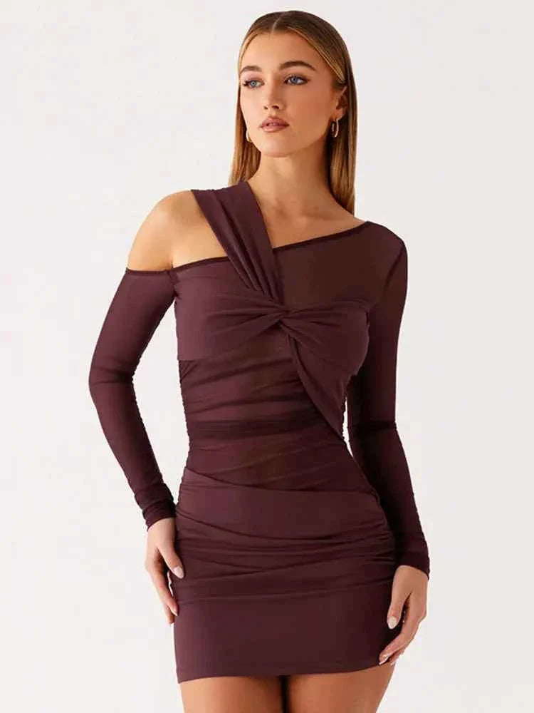 Inclined Shoulder Long Sleeve Mini Dress Women