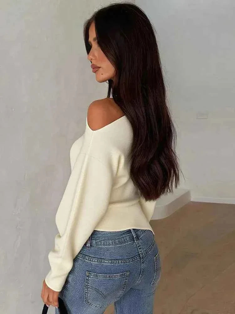 Inclined Shoulder Long Sleeve T-shirt Women