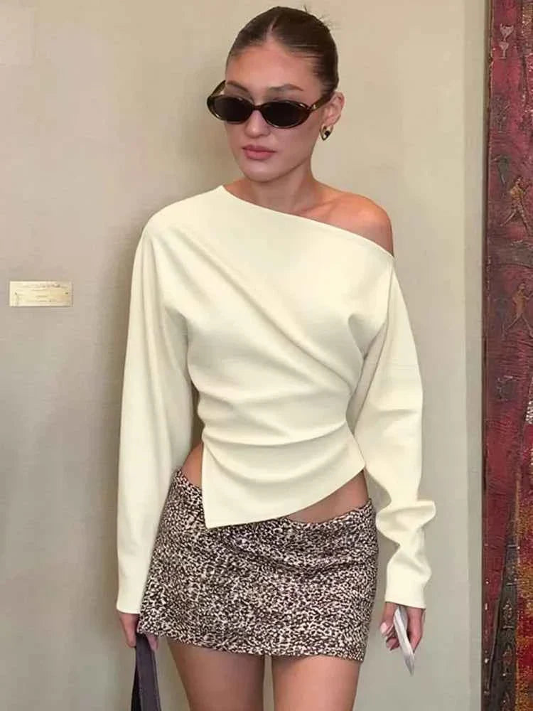 Inclined Shoulder Long Sleeve T-shirt Women