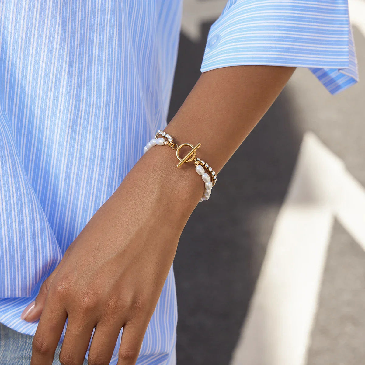 Inlay Zircon Double Layer Pearl Bracelet Waterproof Stainless Steel - JDB0307023