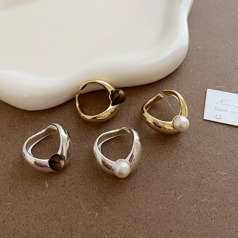 Irregular Metal Pearl Tigereye Open Ring For Women - electronic accessories