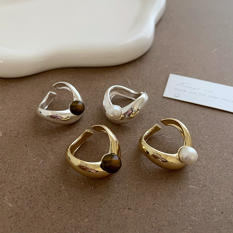Irregular Metal Pearl Tigereye Open Ring For Women - electronic accessories