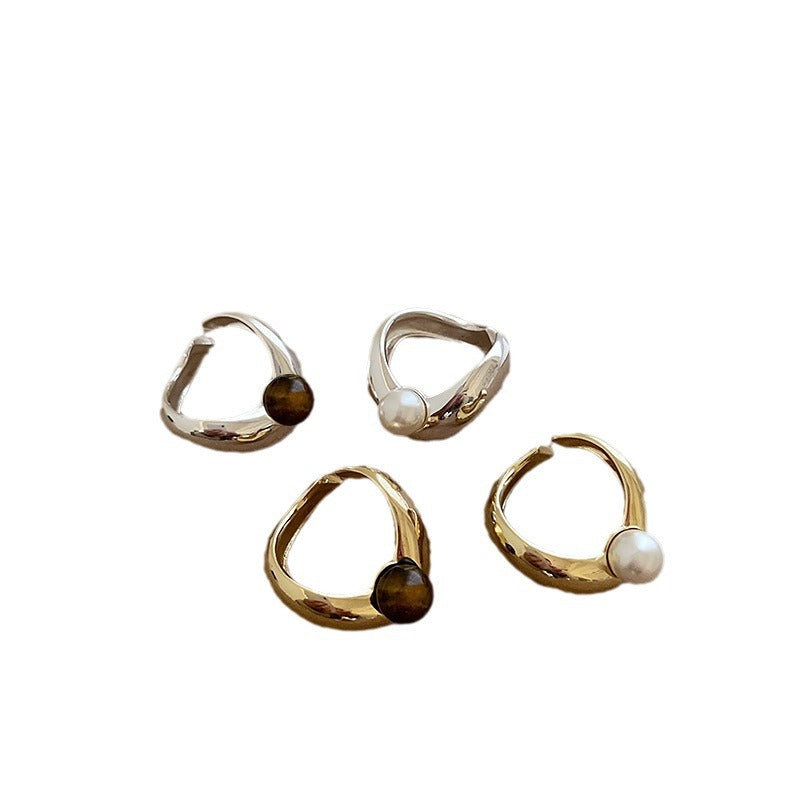 Irregular Metal Pearl Tigereye Open Ring For Women - electronic accessories