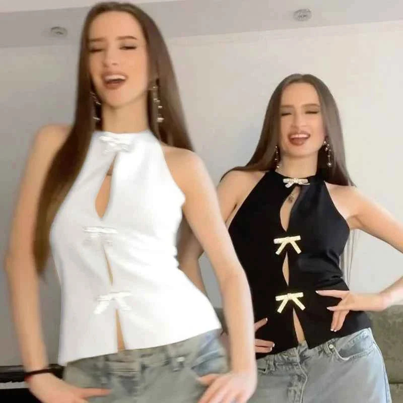 Jewelry Bow Cut Out Lace Up Crop Top