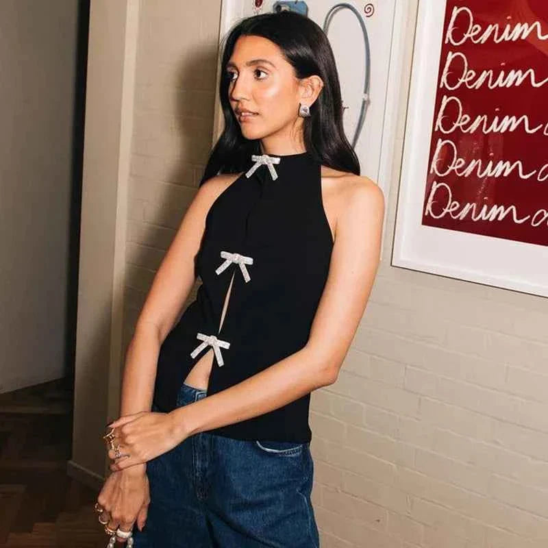 Jewelry Bow Cut Out Lace Up Crop Top