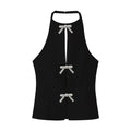 Jewelry Bow Cut Out Lace Up Crop Top - Black / M