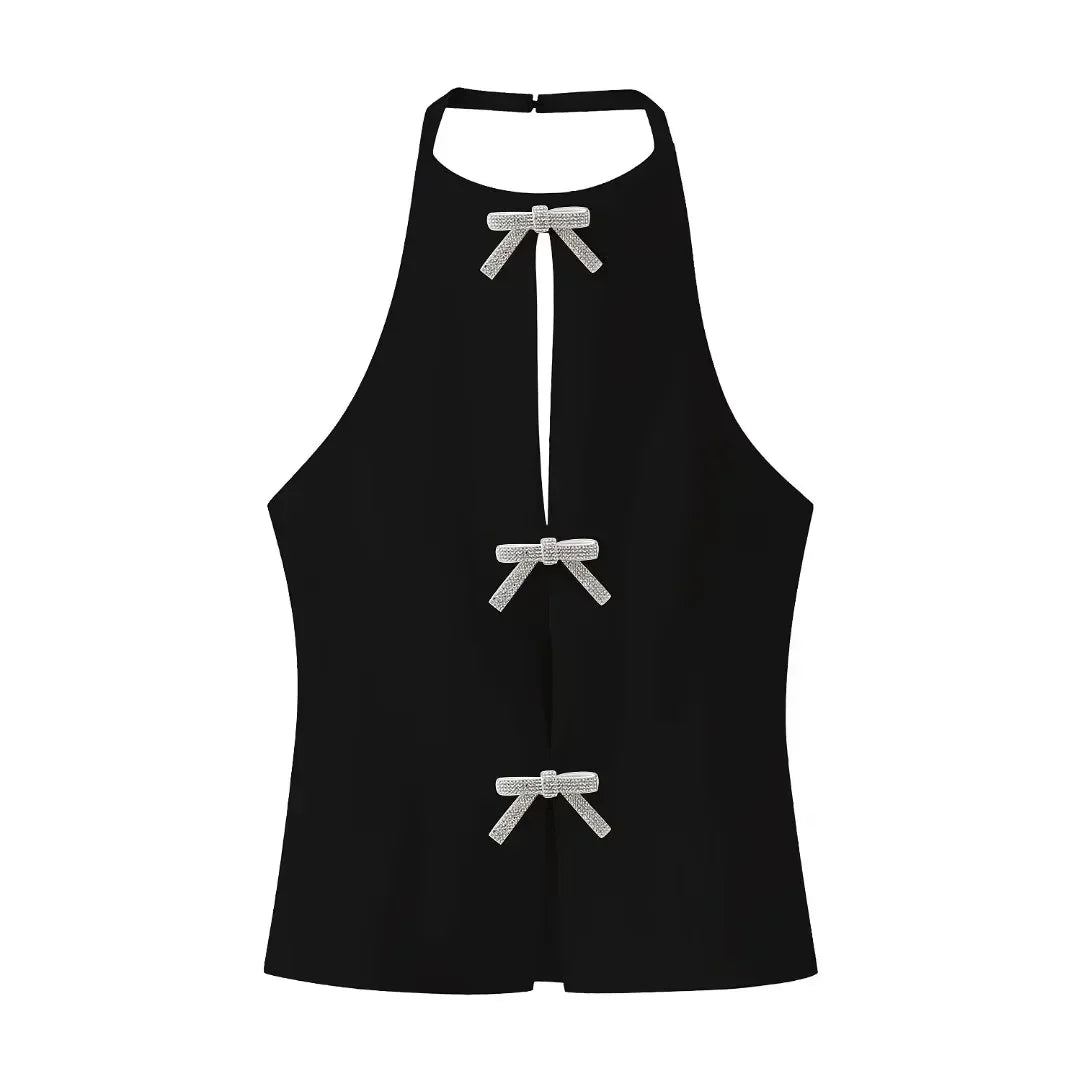 Jewelry Bow Cut Out Lace Up Crop Top - Black / M