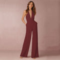 Jumpsuits Women Deep V-neck Sleeveless Halter Neck Backless - Burgundy / S