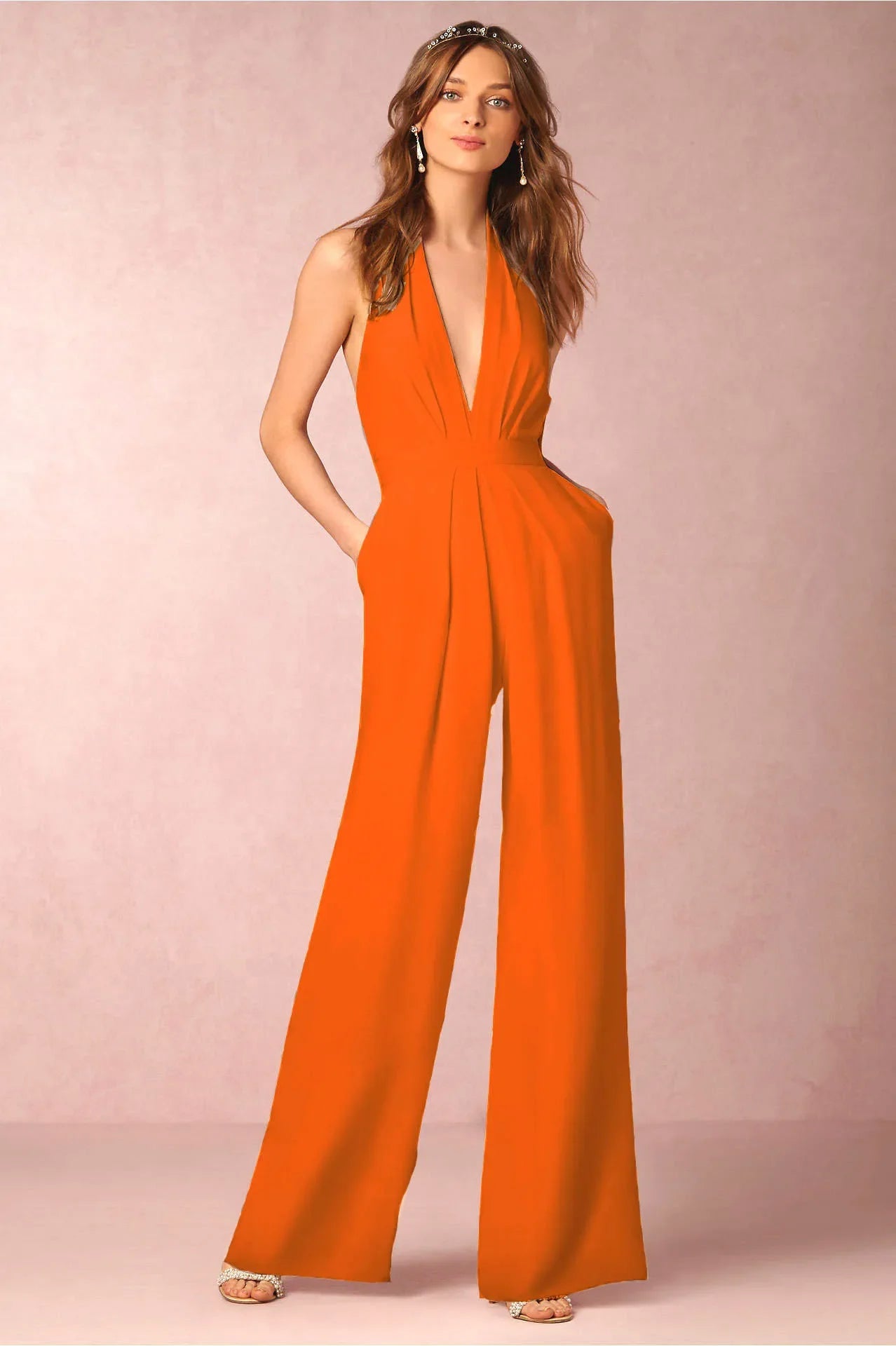 Jumpsuits Women Deep V-neck Sleeveless Halter Neck Backless - Orange / XXL