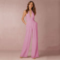 Jumpsuits Women Deep V-neck Sleeveless Halter Neck Backless - Pink / XL