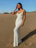 Knit Cut Out Spaghetti Strap Flower V Neck Beach Maxi Dress