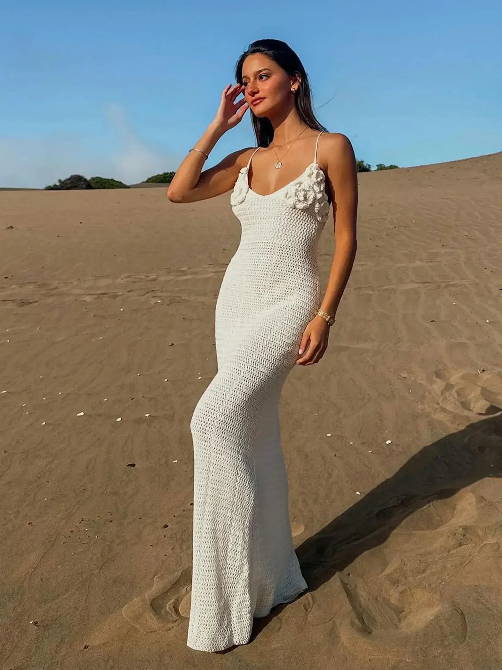 Knit Cut Out Spaghetti Strap Flower V Neck Beach Maxi Dress