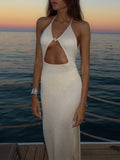 Knit Halter V Neck Slit Beach Maxi Dress For Women - Beige / M