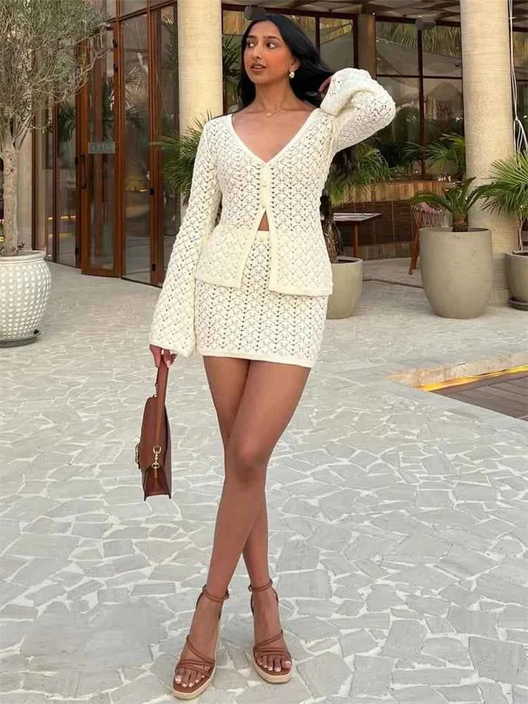 Knit Hollow Out 2 Piece-Set Skirt Sets Women