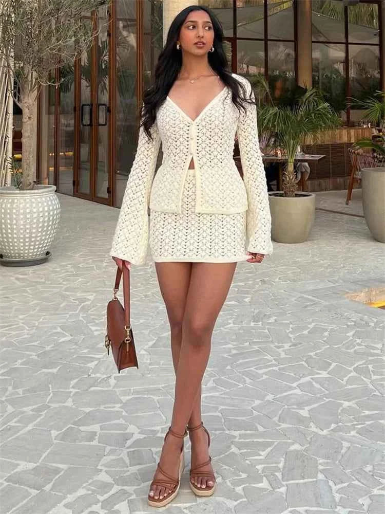 Knit Hollow Out 2 Piece-Set Skirt Sets Women