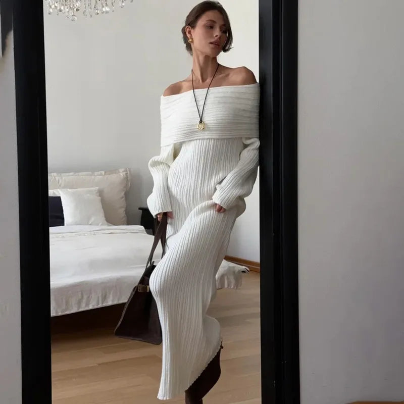 Knit Long Dress One Shoulder Sleeve