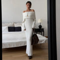 Knit Long Dress One Shoulder Sleeve - White / S