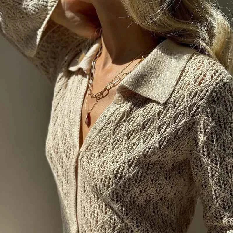 Knit Long Dress Solid Hollow Single Breasted Cardigan Dress