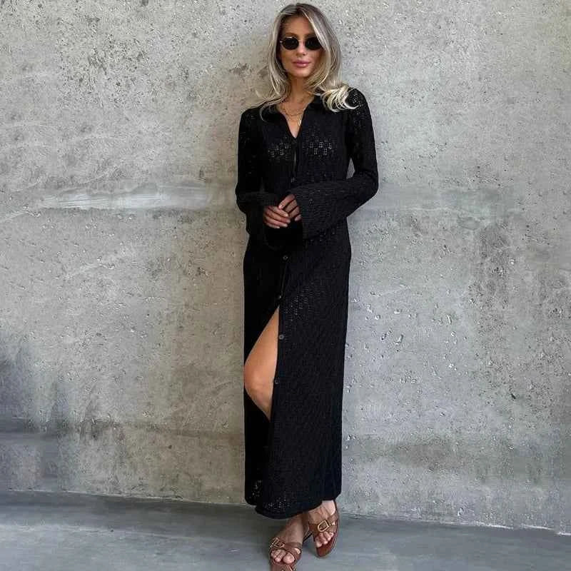 Knit Long Dress Solid Hollow Single Breasted Cardigan Dress