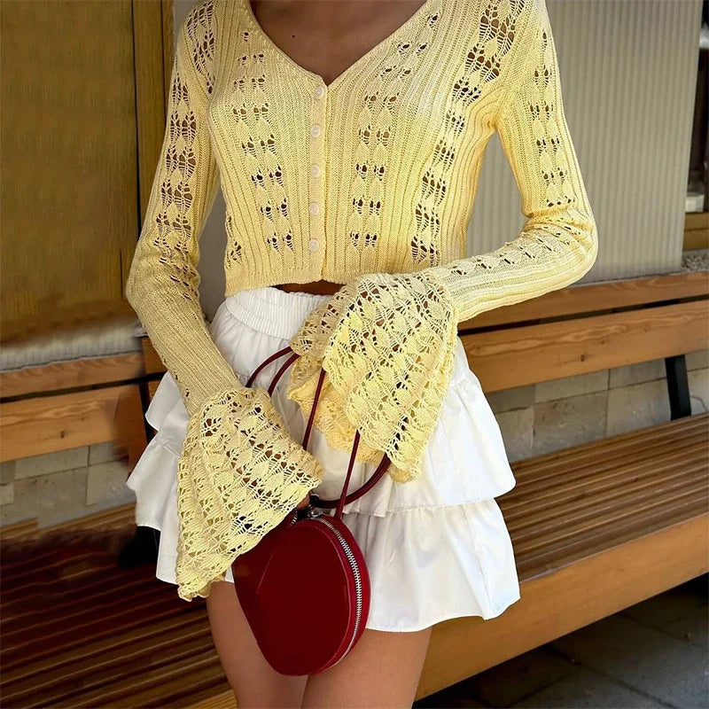 Knit Long Sleeve Cardigan For Women V Neck Solid - L / Yellow - Other