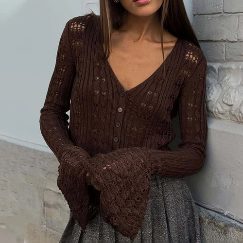 Knit Long Sleeve Cardigan For Women V Neck Solid - S / Brown - Other