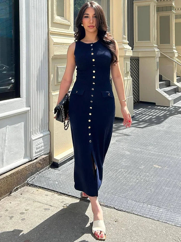 Knit Ribbed Cardigan Maxi Dress - Blue / L