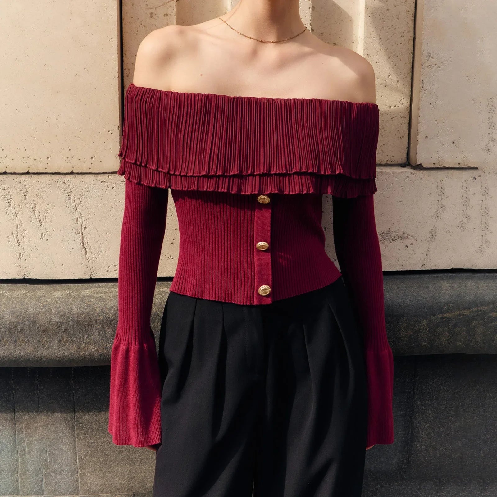 Knit Ruffles Pullover Sweater Flare Sleeve Patchwork Off-Shoulder Women’s Knitwear - A / XL