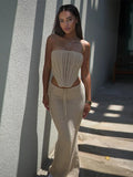 Knitted Beach Suit Women Backless Long Skirt and Top Set - Beige / S