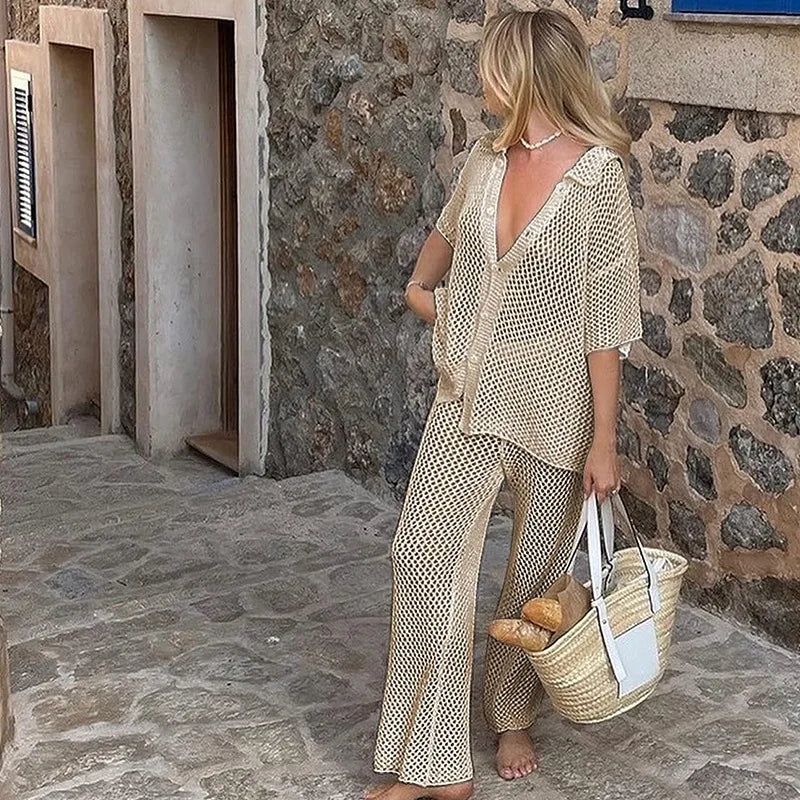 Knitted Hollow Out cardigan Top Straight Pants Sets - Beige / XL / CN