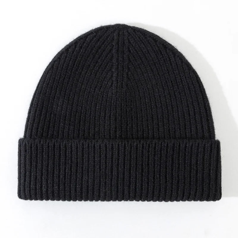 Knitted Pure Wool Beanies - Black / One Size