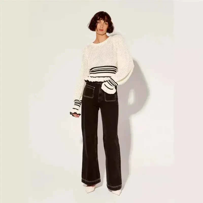 Knitted Ruffle Cuff Tightening Pullover for Women