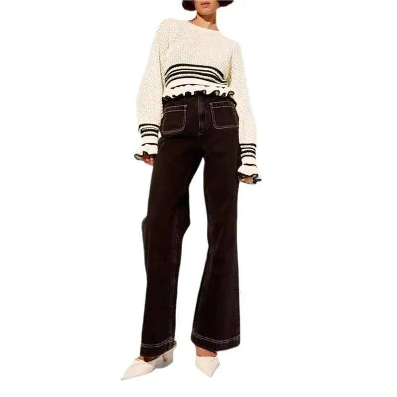 Knitted Ruffle Cuff Tightening Pullover for Women