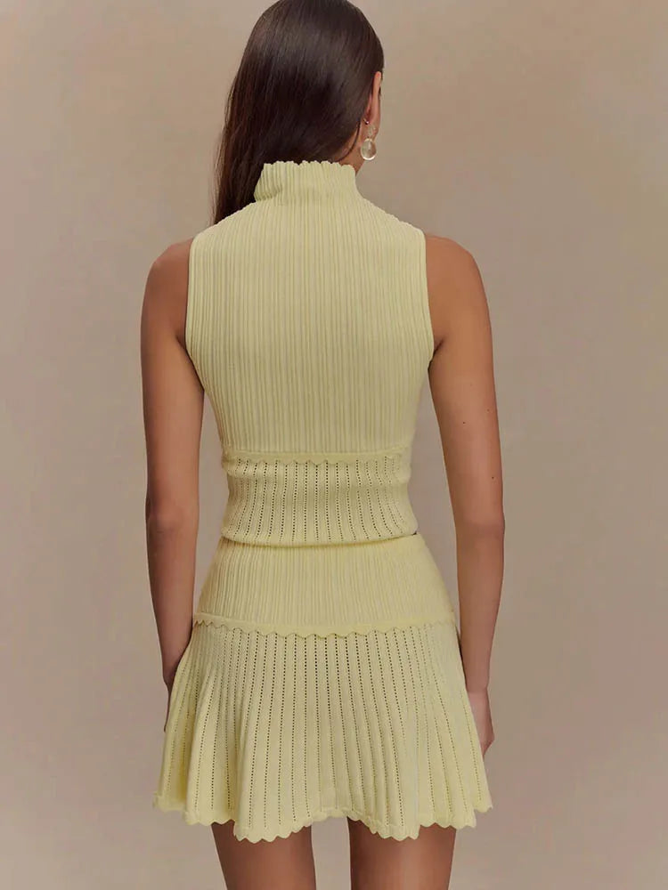 Knitted Turtleneck 2 Piece Sets Women - Yellow / L