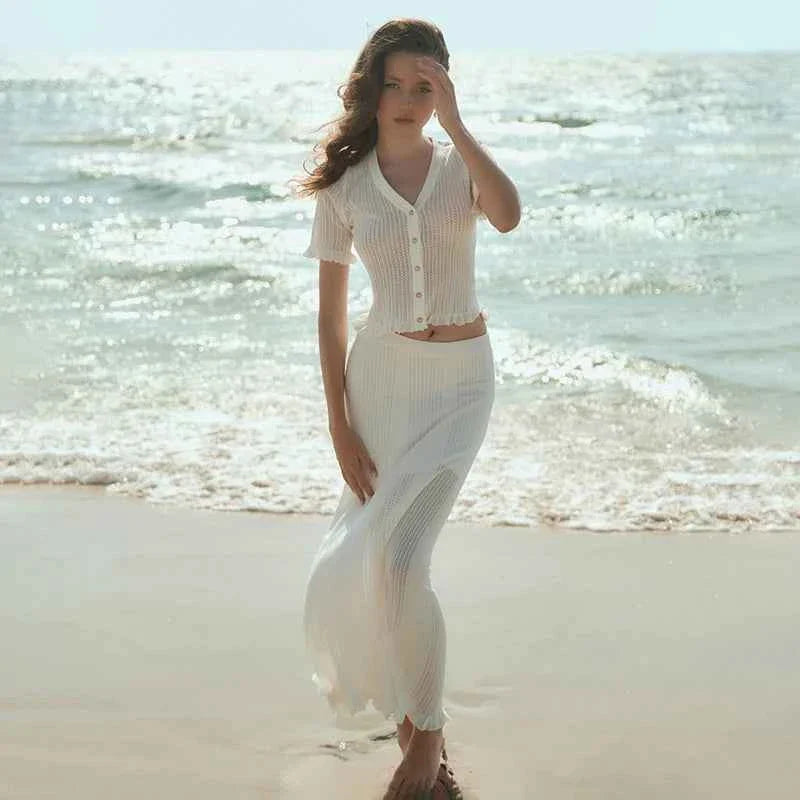 Knitting Hollow Top Long Skirt Suit