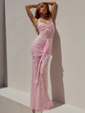 Lace Draped Ruched Maxi Dress Women - Pink / S