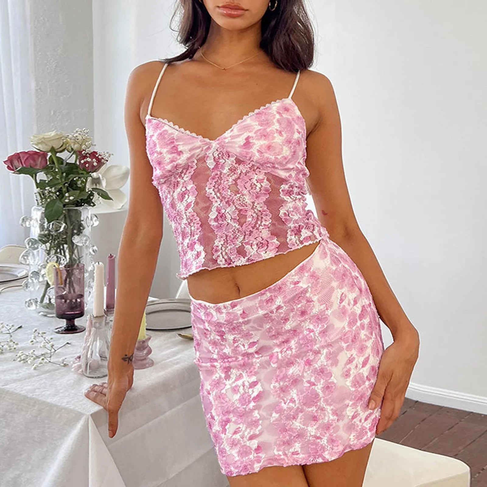 Lace Floral V-Neck Sleeveless Cami Tops Mini Skirts 2 Pieces Set