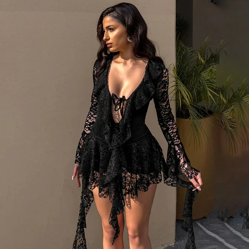 Lace Ruffled Streamer Dress For Women