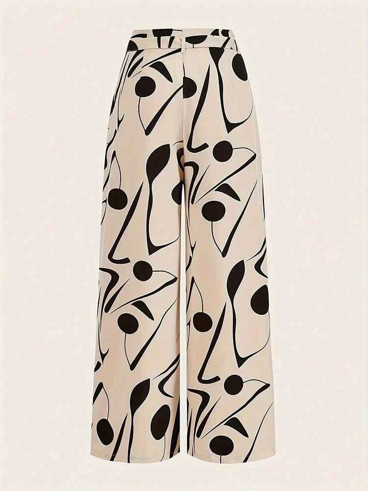 Ladies Abstract Print Belt Casual Wide Leg Pants
