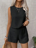 Ladies Solid Color Top And Shorts Set - black / XL