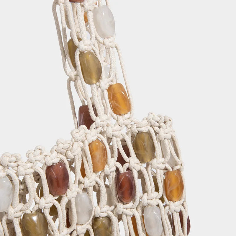 Ladies Summer Beaded Woven Bag Bucket - Beige