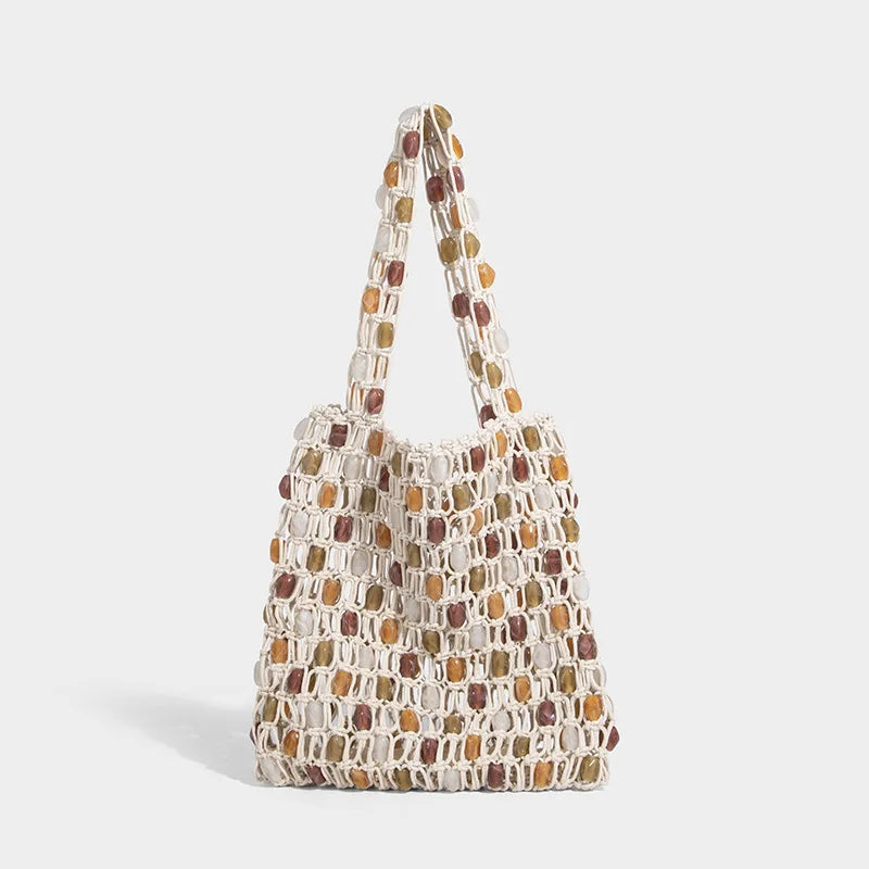 Ladies Summer Beaded Woven Bag Bucket - Beige