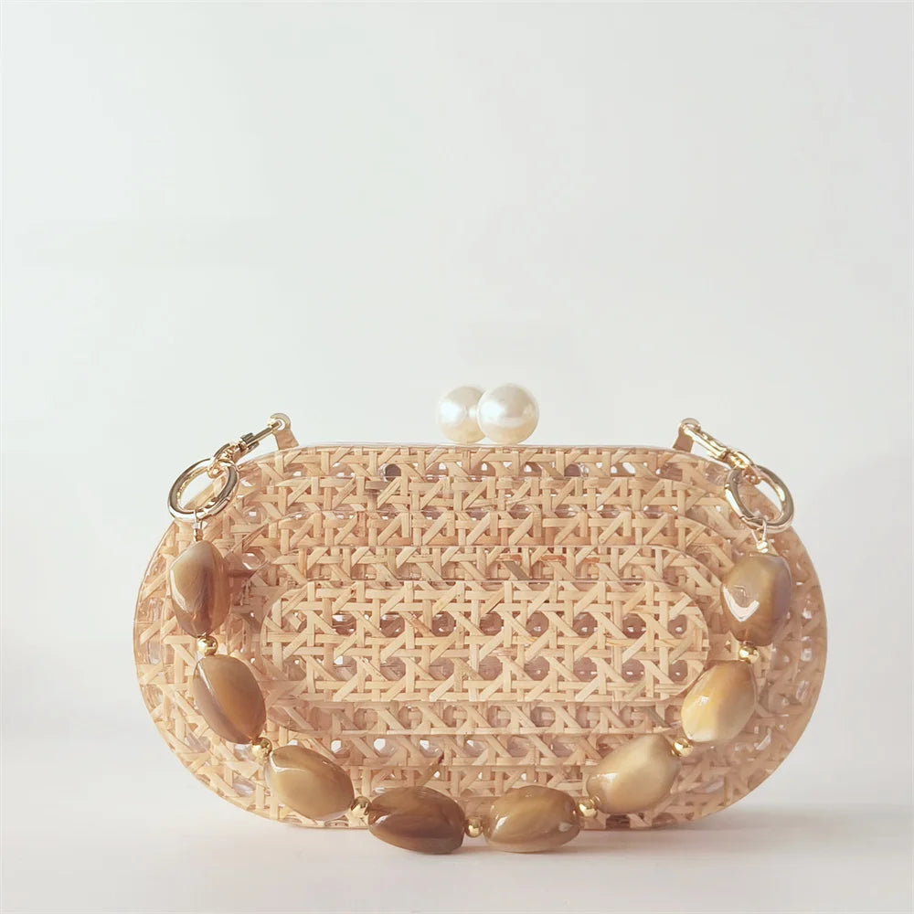 Lady Women Rattan Clutch Acrylic Egg Cane Bag